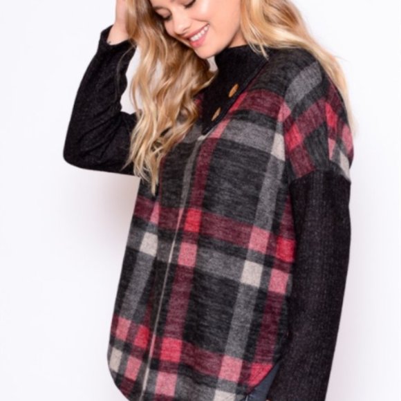 Red and Black Charcoal Plaid Brushed Sweater - Picture 9 of 9